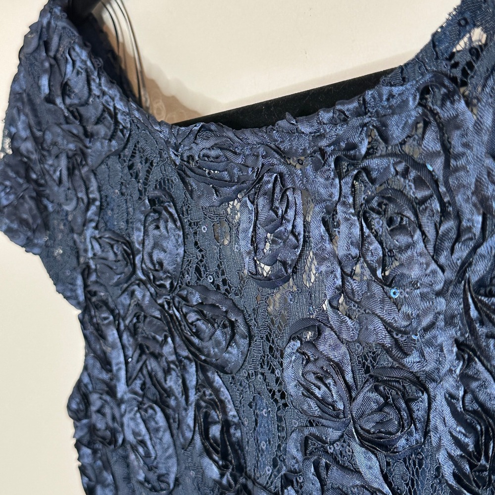Alex Evenings Navy Blue Floral Lace Sequin Rosette Embellished Midi Dress Size 8 - Picture 10 of 16